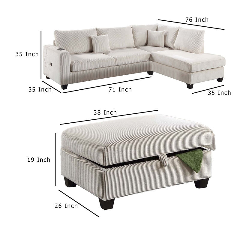 Roe 3pc Sectional Sofa Set with Chaise, Ottoman, 2 Pillows, Ivory - Benzara