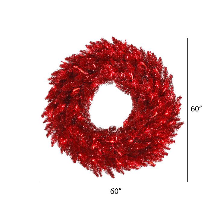 Vickerman 60" Tinsel Red Fir Artificial Christmas Wreath, Red Dura-Lit LED Lights - Faux Tinsel Christmas Wreath - Indoor Seasonal Home Decor