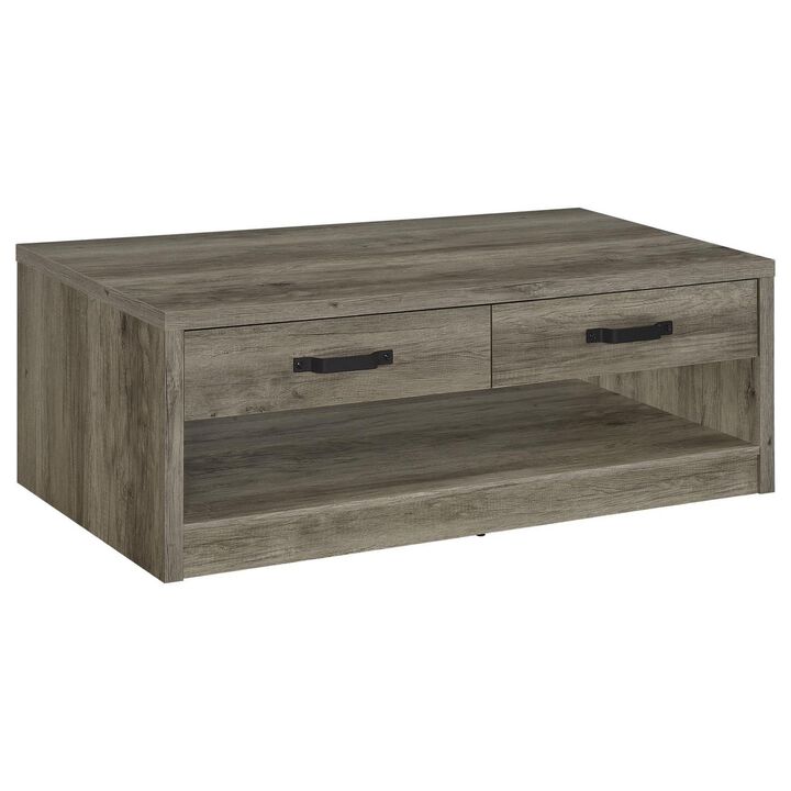 Benjara Lix 47 Inch Coffee Table with 1 Drawer, MDF, Rustic Weathered Gray Finish
