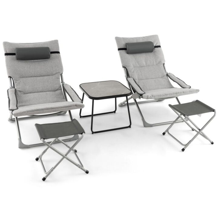 Hivvago 5-Piece Patio Sling Chair Set Folding Lounge Chairs with Footrests and Coffee Table-Gray