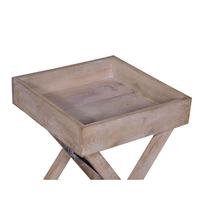 22 Inch Farmhouse Square Tray Top End Table, Mango Wood, X Shaped Foldable Frame, Washed White