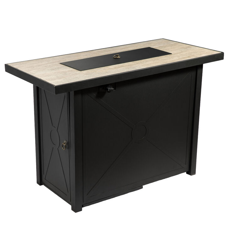 Outdoor Propane Gas Fire Pit Table with a Metal Base, Black/Stone
