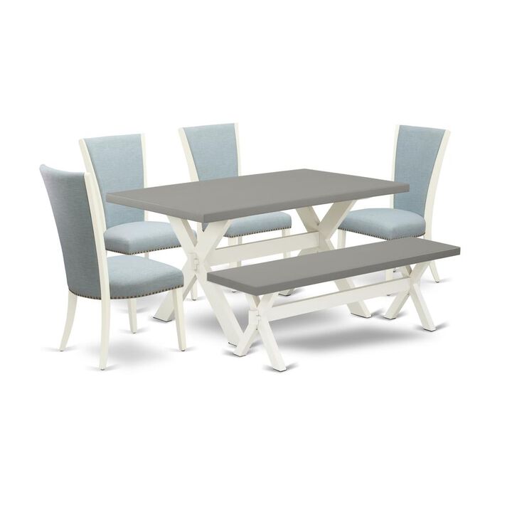 East West Furniture 6 Piece Modern Dining Table Set - 4 Baby Blue Linen Fabric Parson Dining Chairs with Nailheads and Cement Kitchen Table - 1 Small Bench - Linen White Finish
