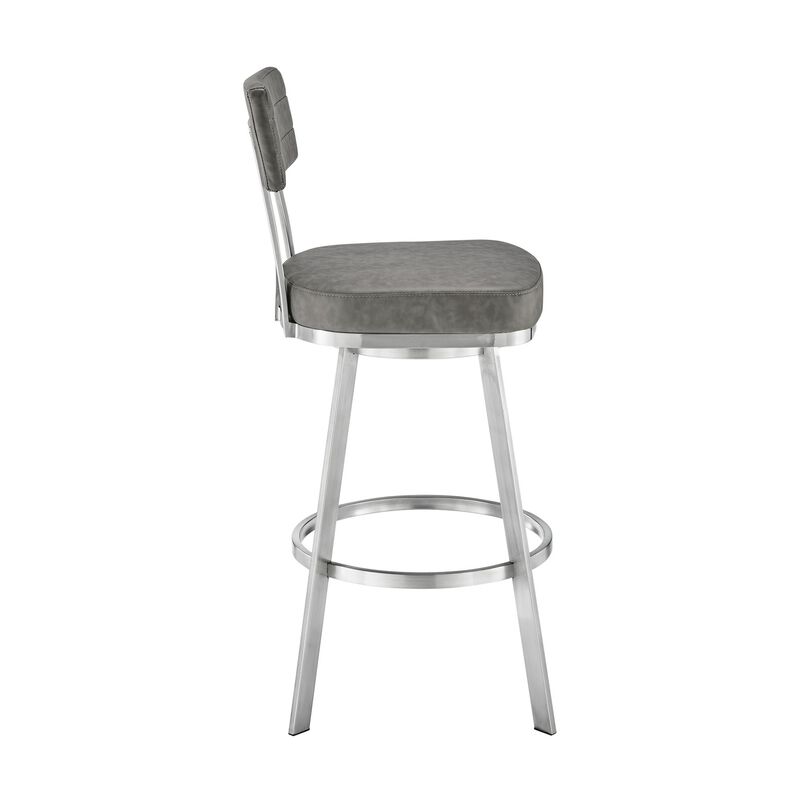 Poni 30 Inch Swivel Barstool Chair, Cushioned Seating, Gray Faux Leather - Benzara