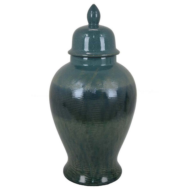 Caty 20 Inch Temple Jar, Finial Dome Lids, Classic, Ceramic, Green Finish - Benzara