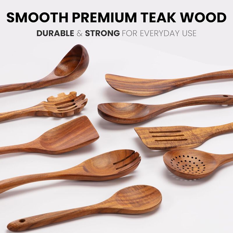 9-Piece Natural Teak Wooden Utensils for Cooking image number 3