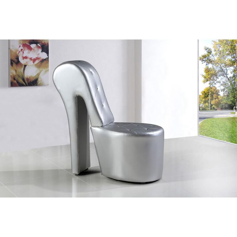 Best Master Furniture Best Master High Heel Faux Leather Crystal Studs Shoe Chair In Silver