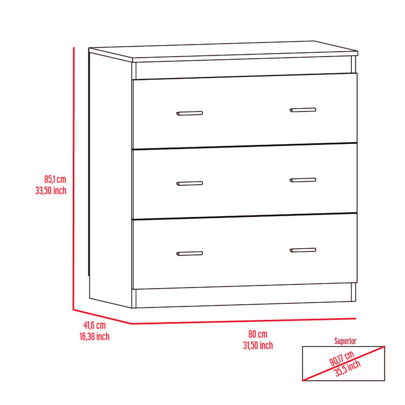Classic Three Drawer Dresser, Superior Top, Handles -Light Gray / White