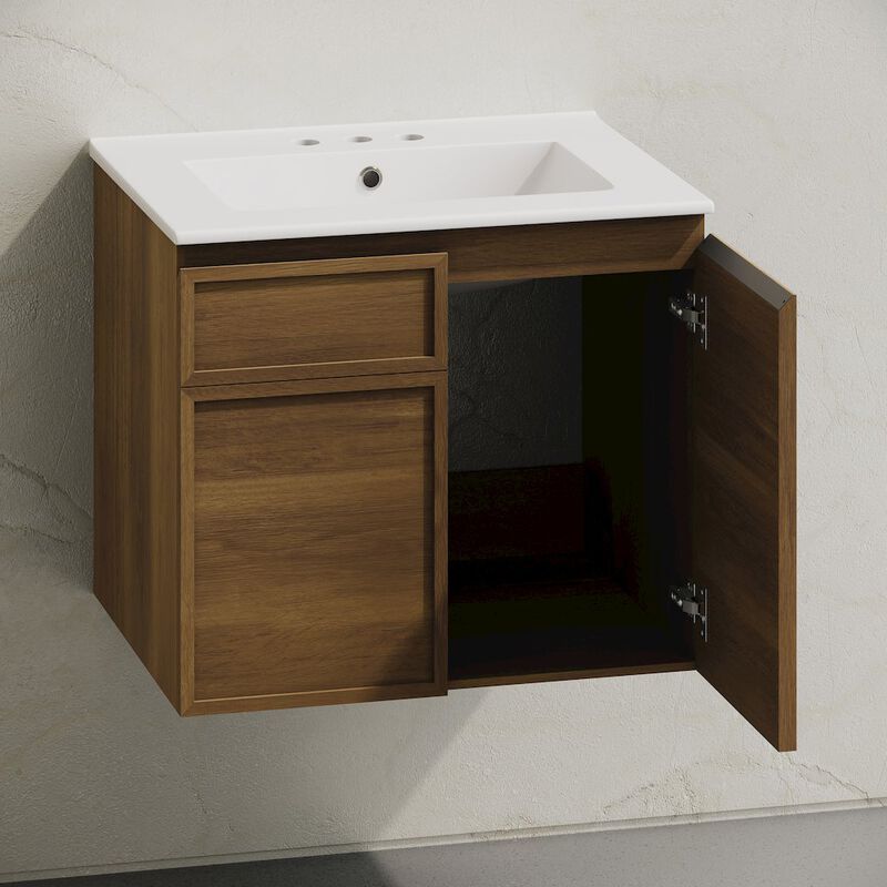 24" Wall-Mounted Bathroom Vanity in Brown Oak with 3-Hole Centerset Sink Top image number 3