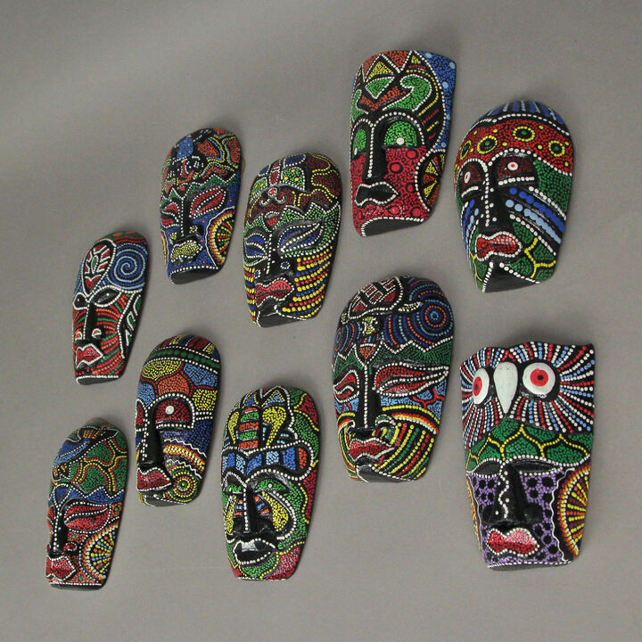 Set of 10 Hand Carved Tropical Dot Painted Tribal Masks 5 Inch Wall Decor