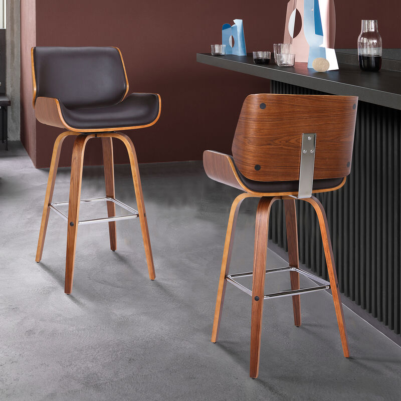 Tyler Bar Height Swivel Brown Faux Leather and Walnut Wood Bar Stool