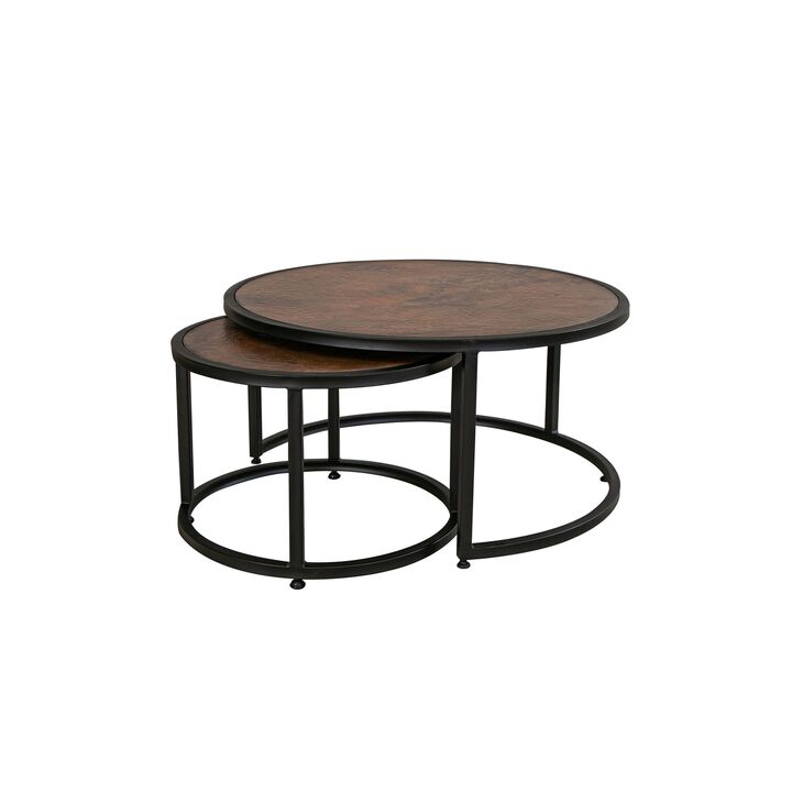 Benjara Brun Coffee Table Set of 2, Nesting, Top, Iron Curved Base, Black and Copper