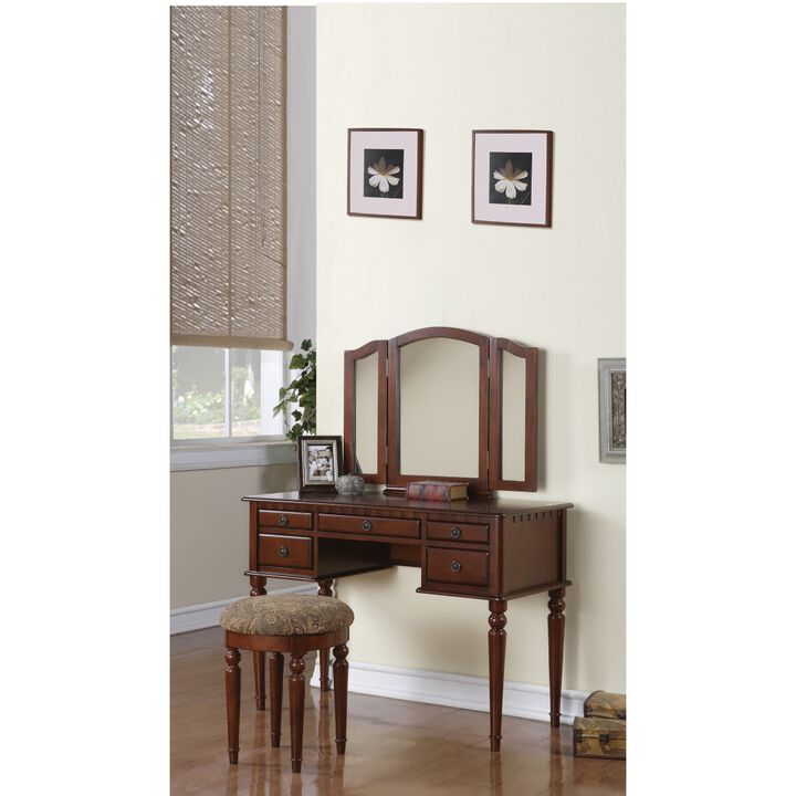 Bedroom Contemporary Vanity Set W Foldable Mirror Stool Drawers Cherry Color