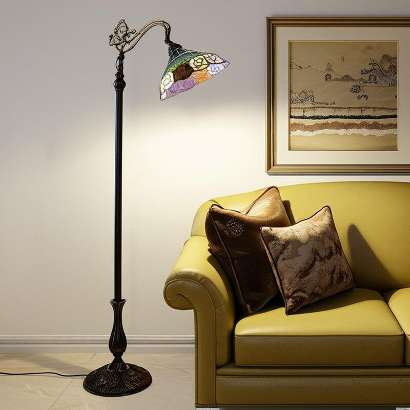 Hivvago 62" Brown Torchiere Floor Lamp With Blue and Yellow Flowers Glass Dome Shade
