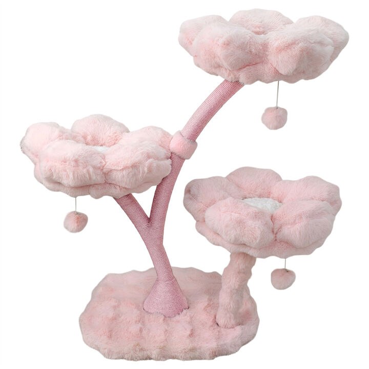 3-Tier Flower Cat Tree Pink Modern Cat Tower 41" Height Scratching Post Activity