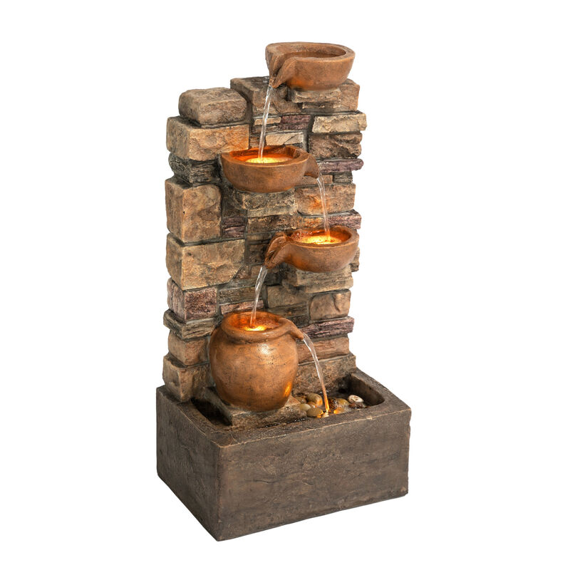 Outdoor 4-Tier Cascading Water Fountain with LED Lights, Brown image number 3