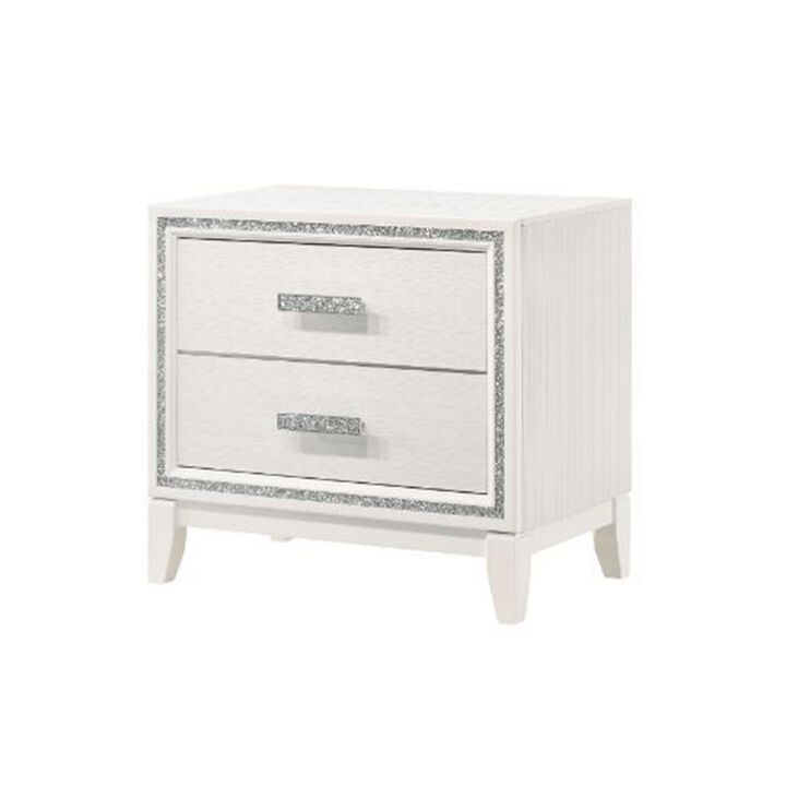 Nightstand with 2 Drawers and Shimmer Accent Trim, White-Benzara