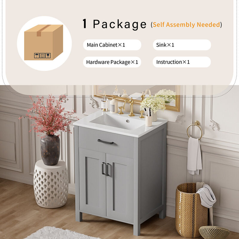 Whisen 24" Modern Bathroom Vanity Combo with Ceramic sink, 2 Soft-Close Doors