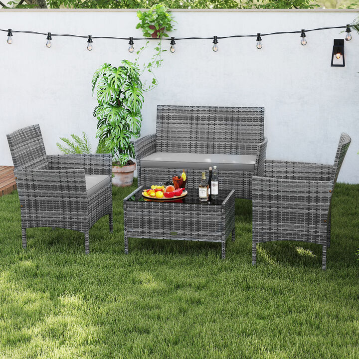 4 Piece Patio Rattan Conversation Set with Cozy Seat Cushions