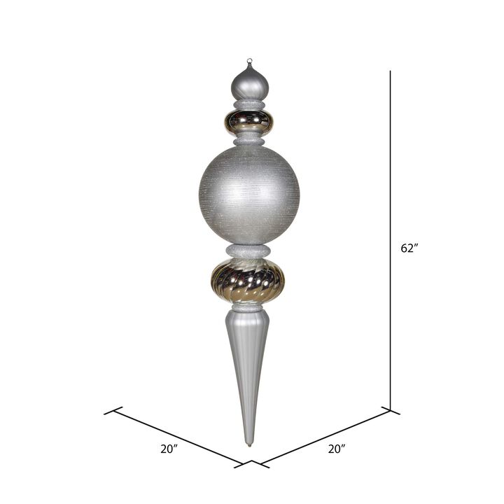 Vickerman 62" Finial Christmas Ornament with Shiny, Matte, and Glitter Finishes, Shatterproof Plastic, Holiday Christmas Tree Decoration, Silver