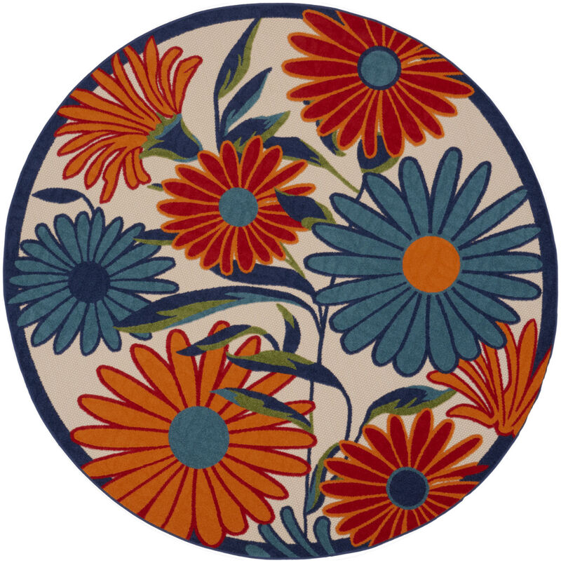 HomeRoots 10' Ivory Blue And Orange Round Floral Indoor Outdoor Area Rug image number 0