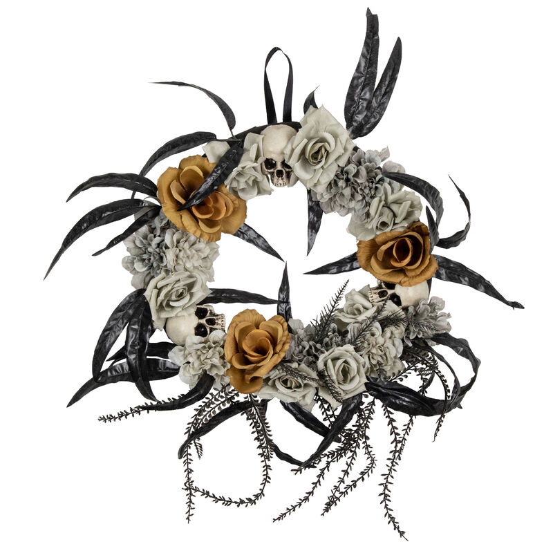 Skulls with Orange and Gray Roses Halloween Wreath  14-Inch  Unlit image number 1