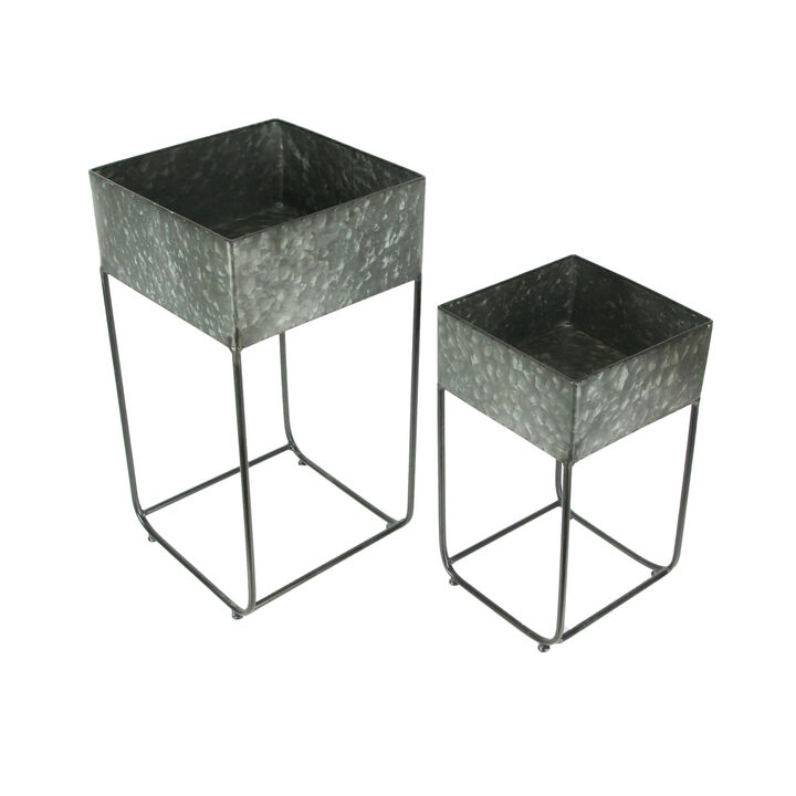 Set of 2 Galvanized Zinc Finish Square Metal Planters On Stands