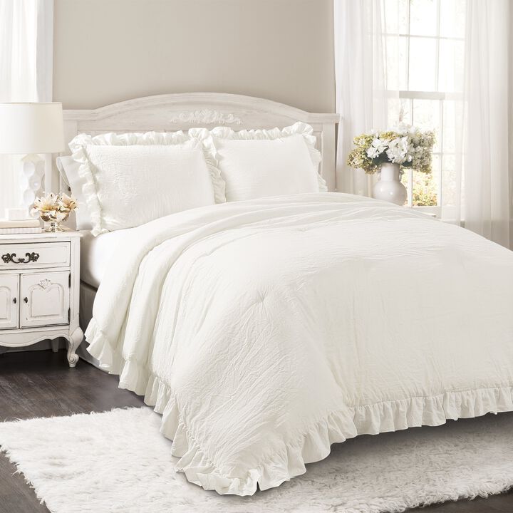 Lush Decor Reyna 3-Piece Ruffled Comforter Bedding Set with Pillow Shams, Full/Queen, White