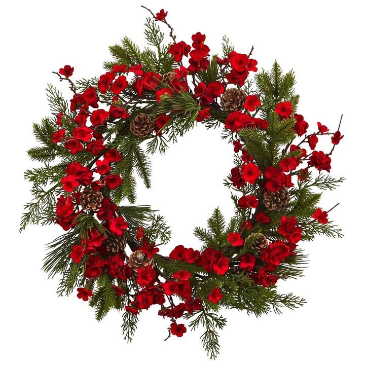 Nearly Natural 24-in Plum Blossom Pine Wreath
