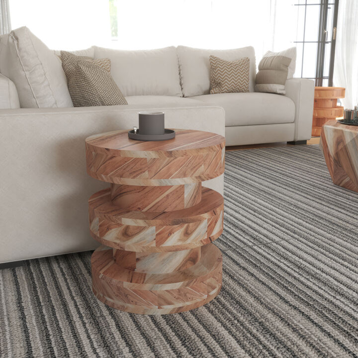 18 Inch Side End Table, Farmhouse Style Natural Brown Acacia Wood, Modern Stacked Drum Design - Benzara