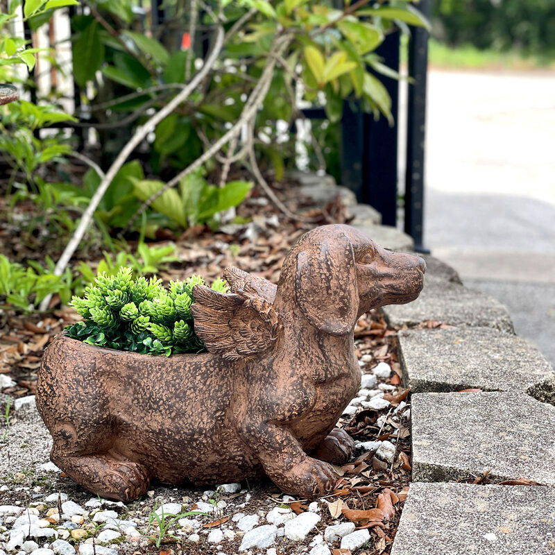 Flying Wiener Dog Planter 18" Brown, With Drain Hole, Rustic Garden Decor image number 7