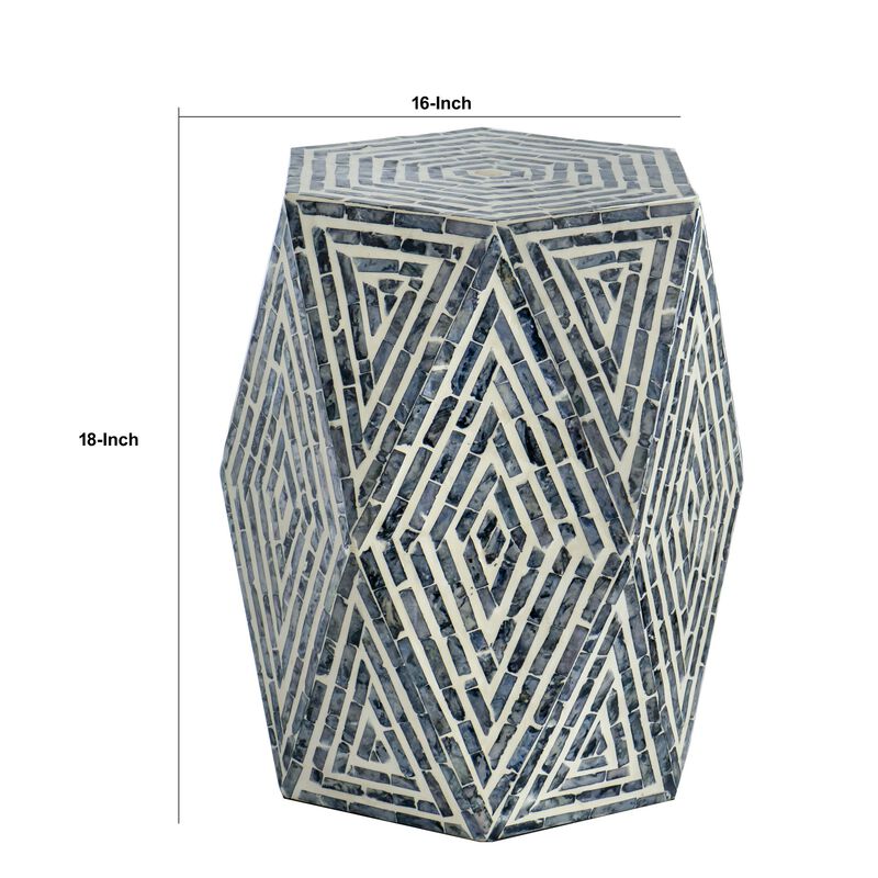 18 Inch Accent Table Stool, Hexagonal Design, Diamond Pattern, Blue, White