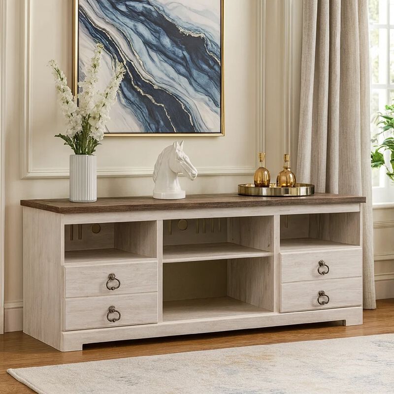 2 Drawers Wooden TV Stand with 4 Open Compartments, White and Brown image number 1