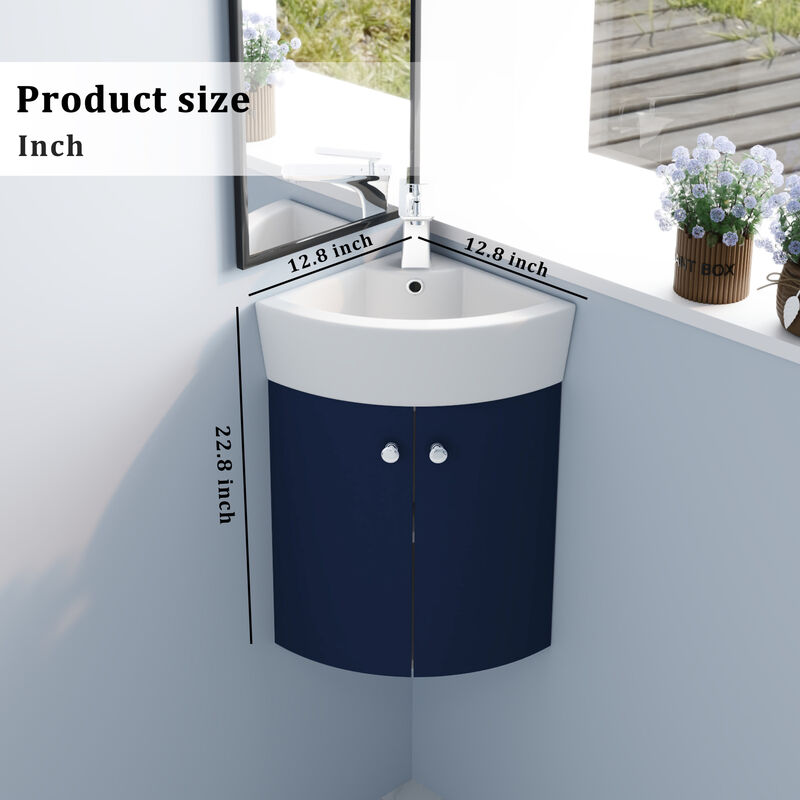 ELEMENT ACE Space Saving Corner Wall Mounted Vanity Cabinet with Integrated Ceramic Sink for Small Bathrooms image number 2