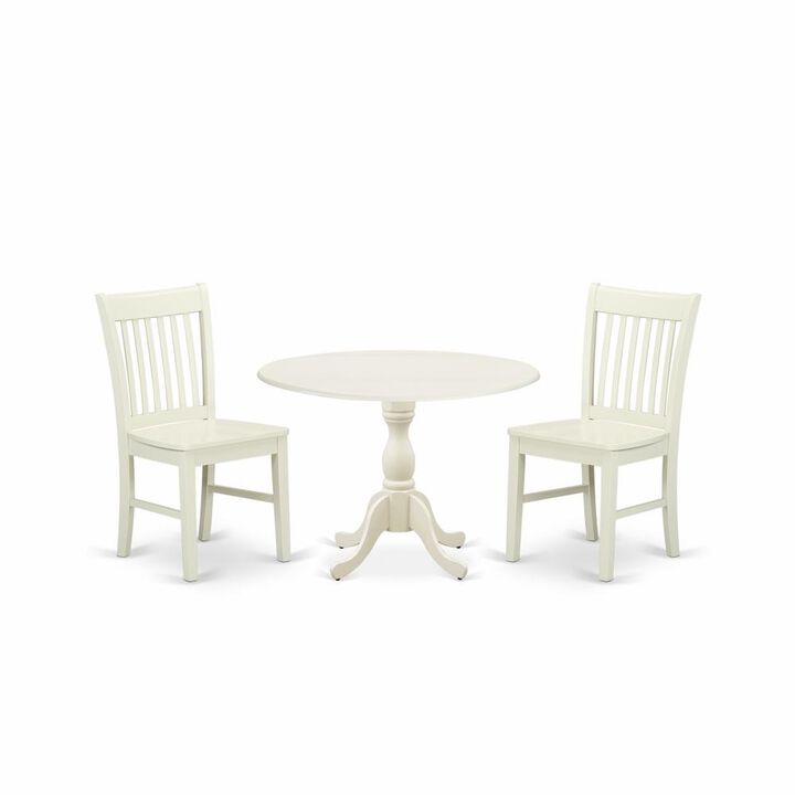 East West Furniture DMNF3-LWH-W 3 Piece Dining Table Set Consists of 1 Drop Leaves Dining Room Table and 2 Linen White Mid Century Chair with Slatted Back - Linen White Finish