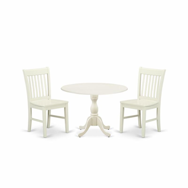 East West Furniture DMNF3-LWH-W 3 Piece Dining Table Set Consists of 1 Drop Leaves Dining Room Table and 2 Linen White Mid Century Chair with Slatted Back - Linen White Finish