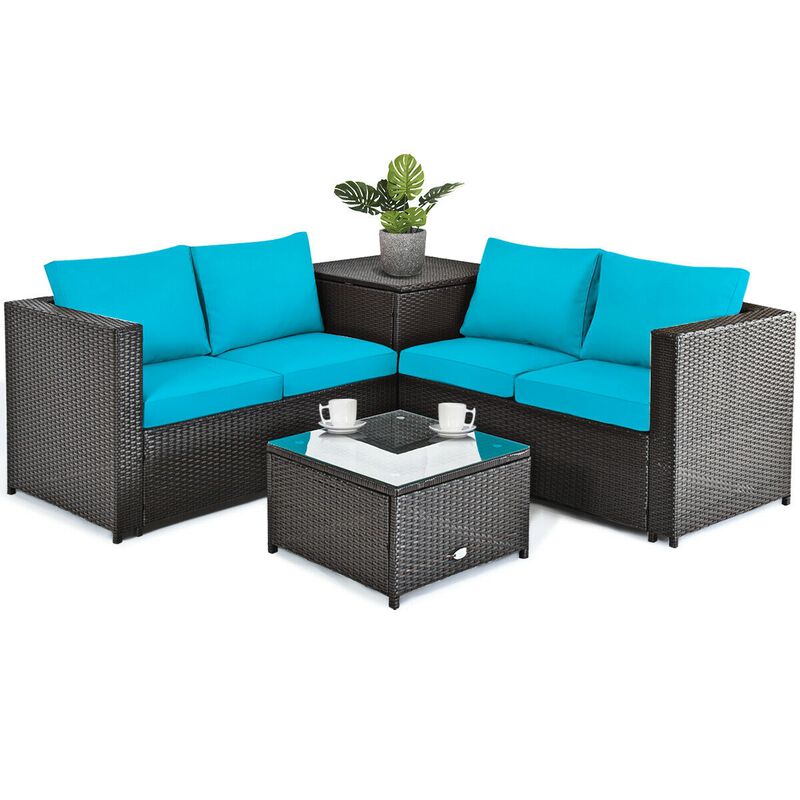 4 Pieces Outdoor Patio Rattan Furniture Set with Cushioned Loveseat and Storage Box image number 0