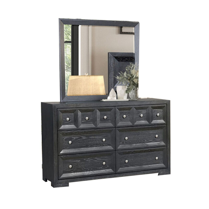 Kizie 5pc Queen Bedroom Set, Rustic Black, XL Nightstand Chest, Mirror
