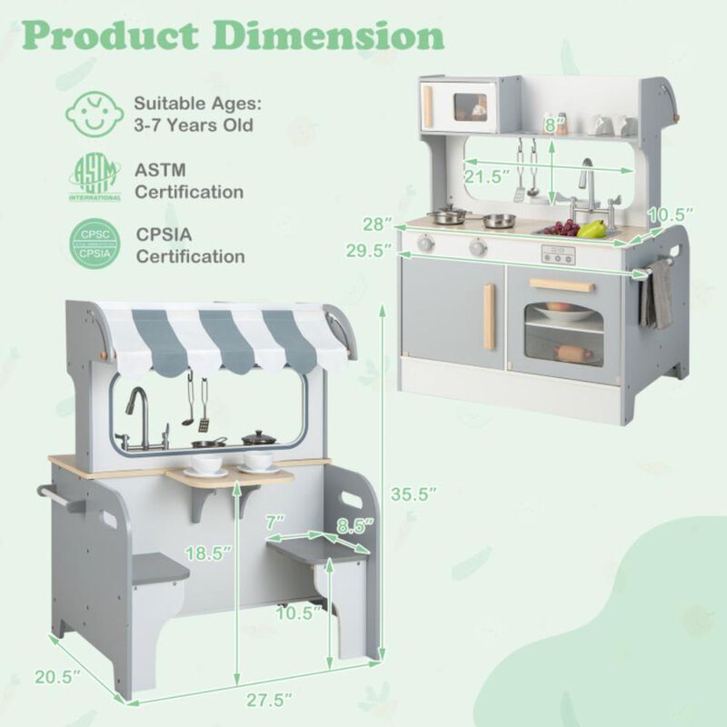 Hivvago Double Sided Kids Pretend Kitchen Playset with 2-Seat Cafe