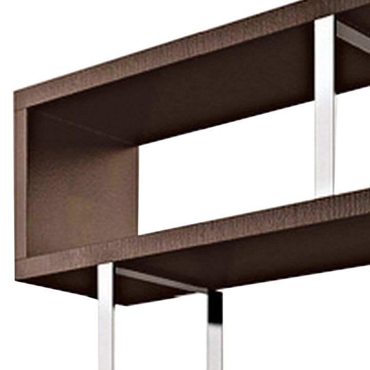 Gina 67 Inch Modern Bookshelf, 4 Tier Alternating S Shape, Brown and Chrome-Benzara