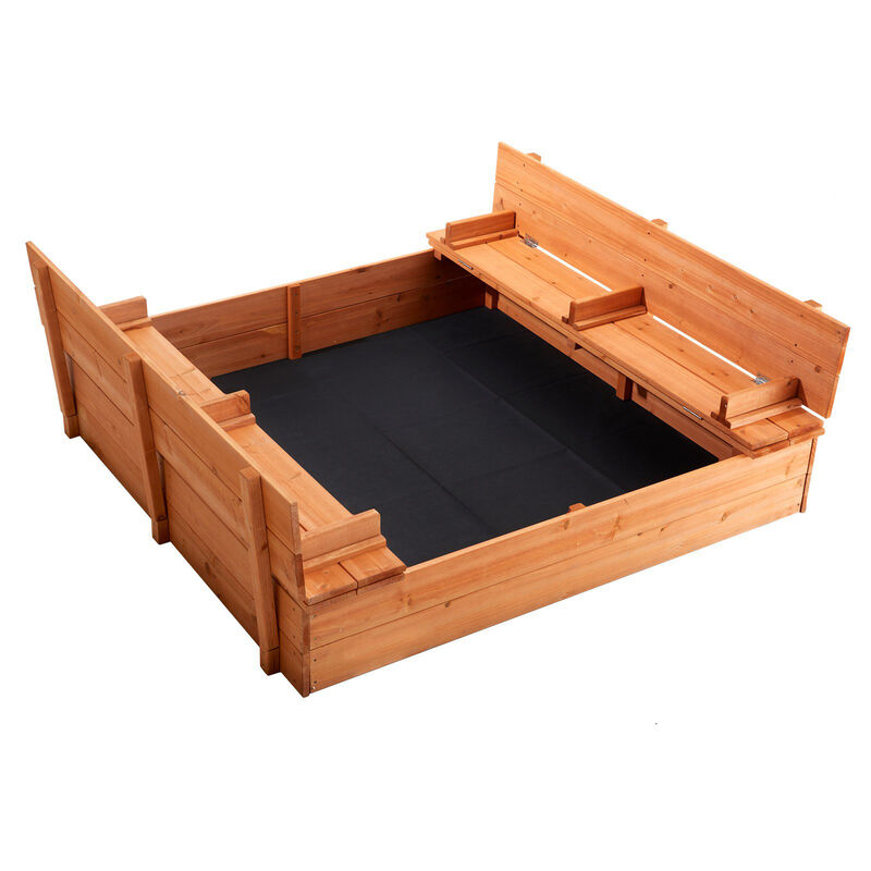 Wooden Outdoor Sandbox with Foldable Benches, Sand Pit with Bottom Liner for Boys and Girls-Natural image number 0
