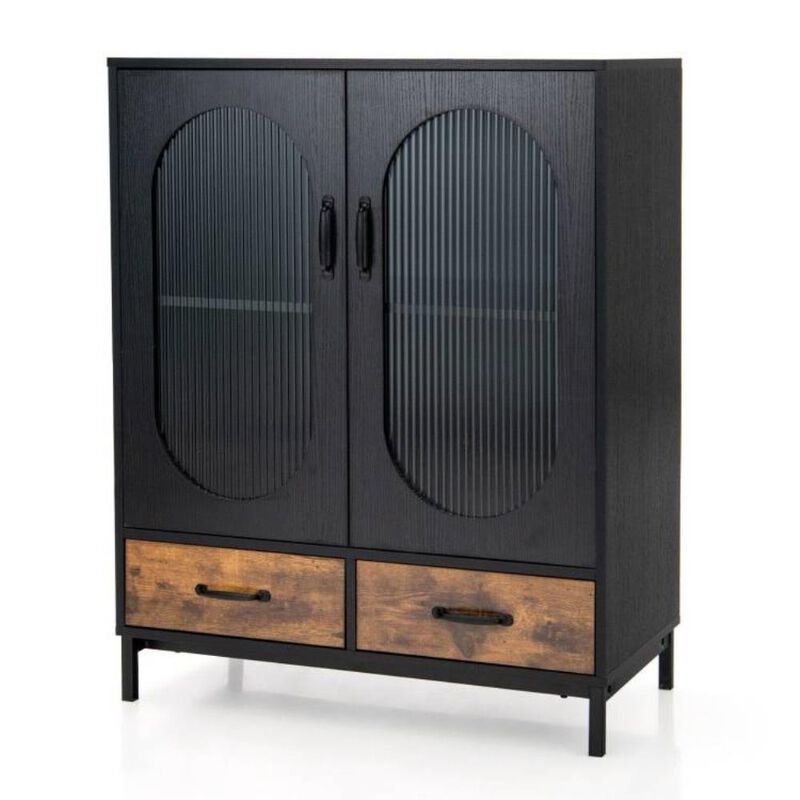 Hivvago Modern Black Brown Metal Wood Sideboard Dining Buffet Cabinet with Glass Doors