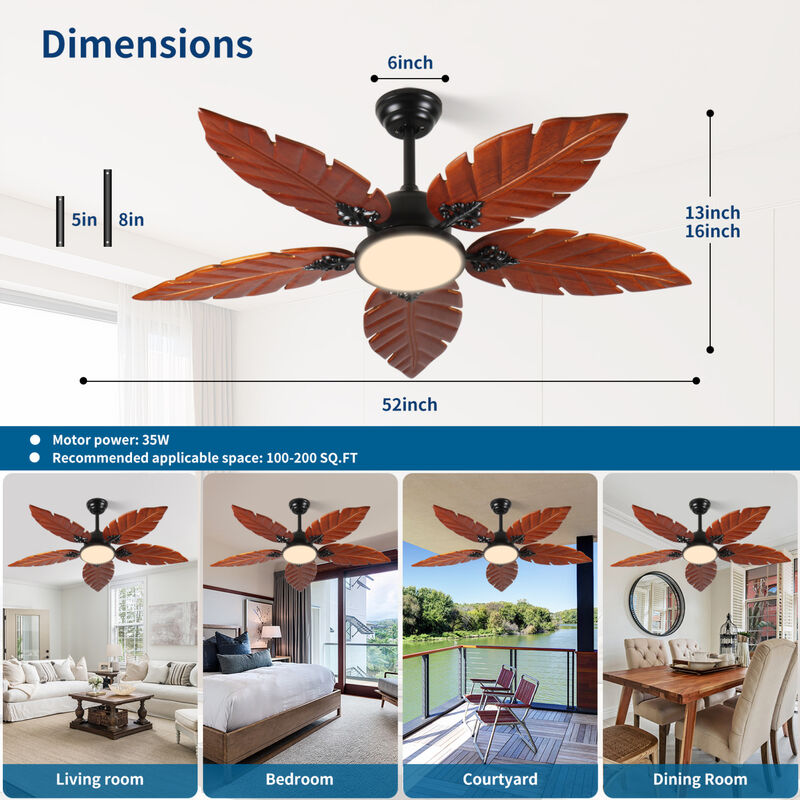 ELEMENT ACE 52 Inch Tropical Palm Leaf Ceiling Fan with Light, Indoor Outdoor Reversible Ceiling Fan for Patio Living Room, Hand Carved Solid Wood Blades image number 2