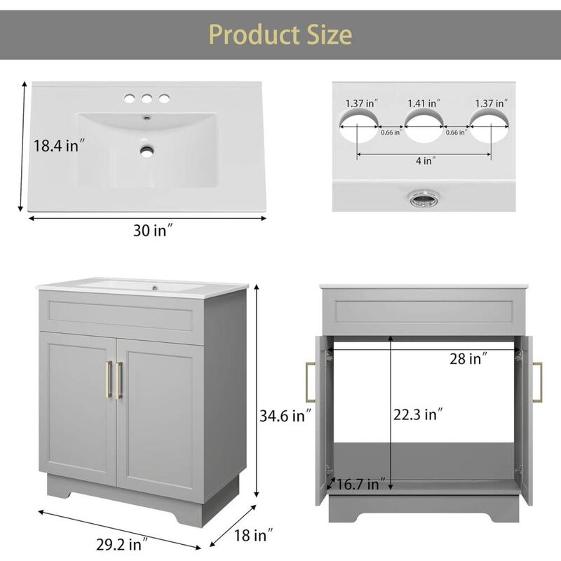 Hivvago Modern 30-inch Gray Wood Finish Bathroom Vanity with White Ceramic Sink image number 2
