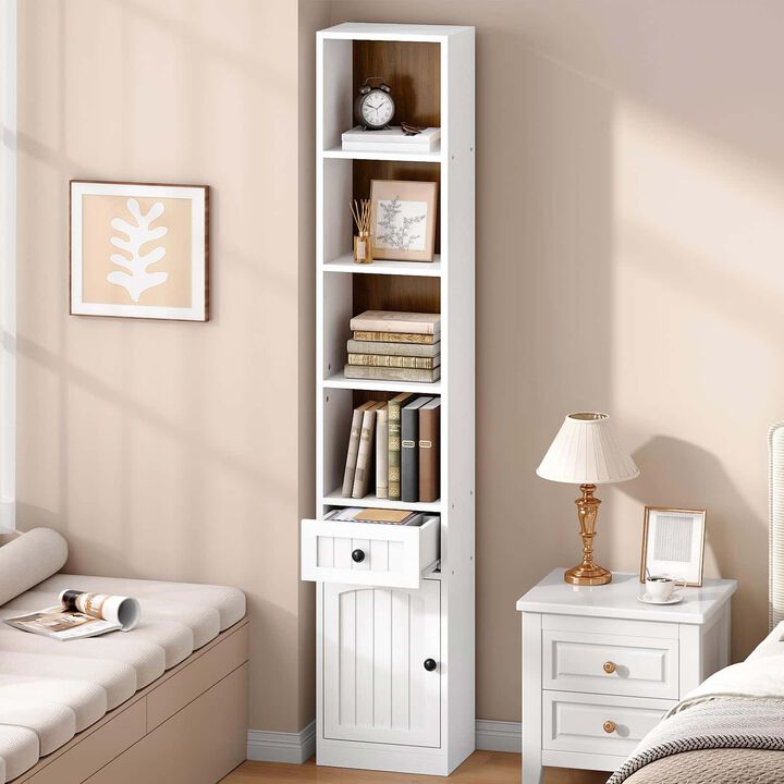 Slim Tall Bookcase with Cabinet Storage and Adjustable Shelving Unit- White