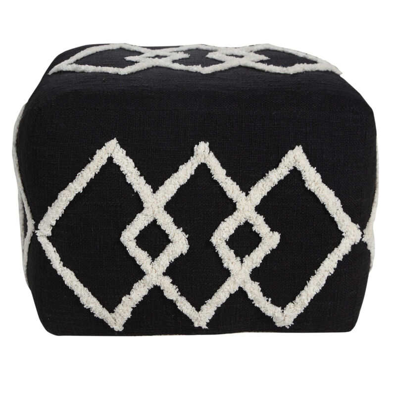 Cotton Upholstered Geometric Pouf – Round Ottoman Seat for Living Room