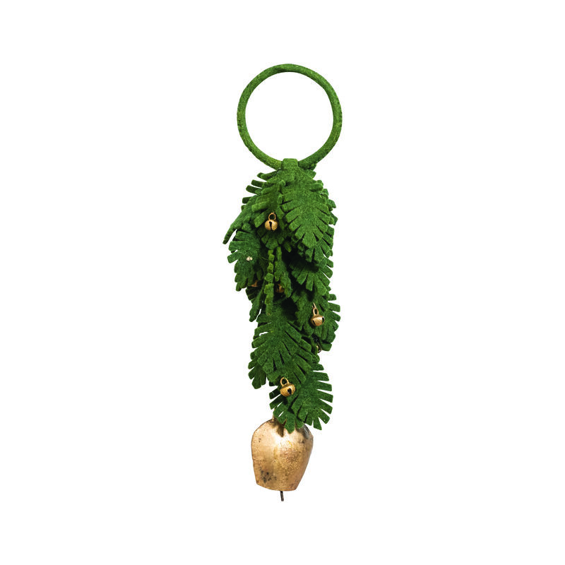 Handmade Wool Felt Leaves Door Hanger with Metal Bells, Green and Gold Finish image number 0