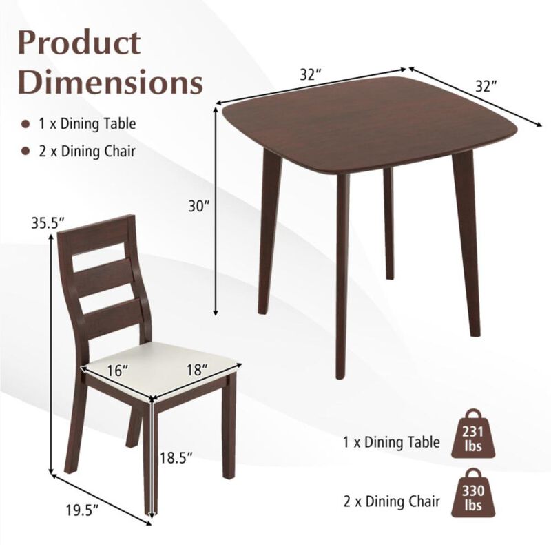 Hivvago 3-Piece Dining Table Set with Wooden Square Kitchen Table and 2 Chairs