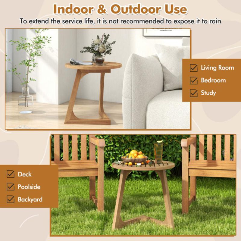 Hivvago Teak Wood Side Table Round Sofa End Table with Slatted Tabletop