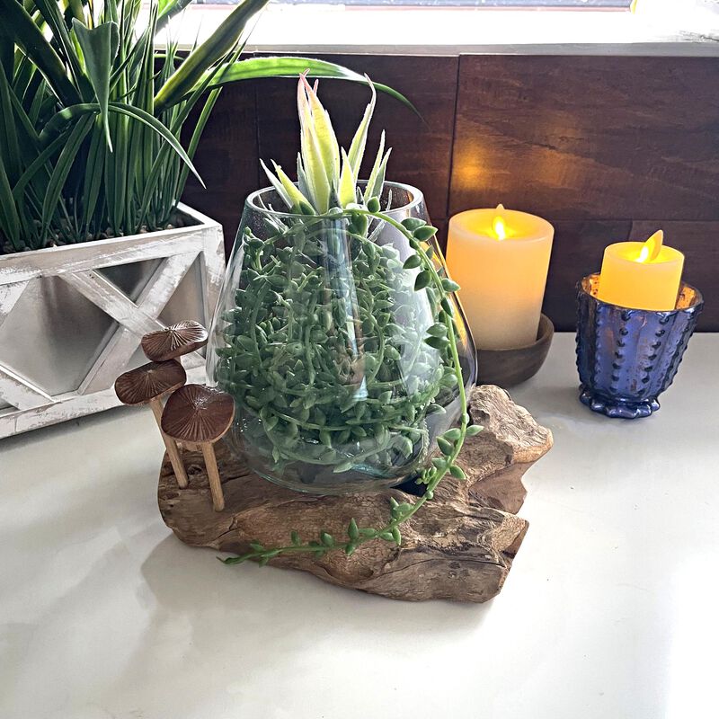 Handcrafted Glass and Teak Vase with Wood Mushroom Embellishments, Rustic Accent image number 4
